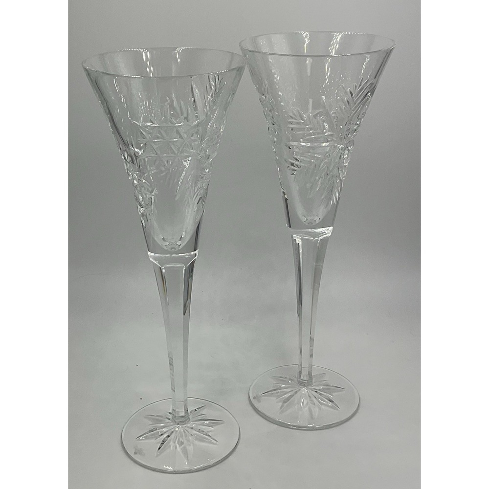 Pair Waterford Crystal Snow Crystals Champagne Toasting Flutes 2004 - 2 Glasses